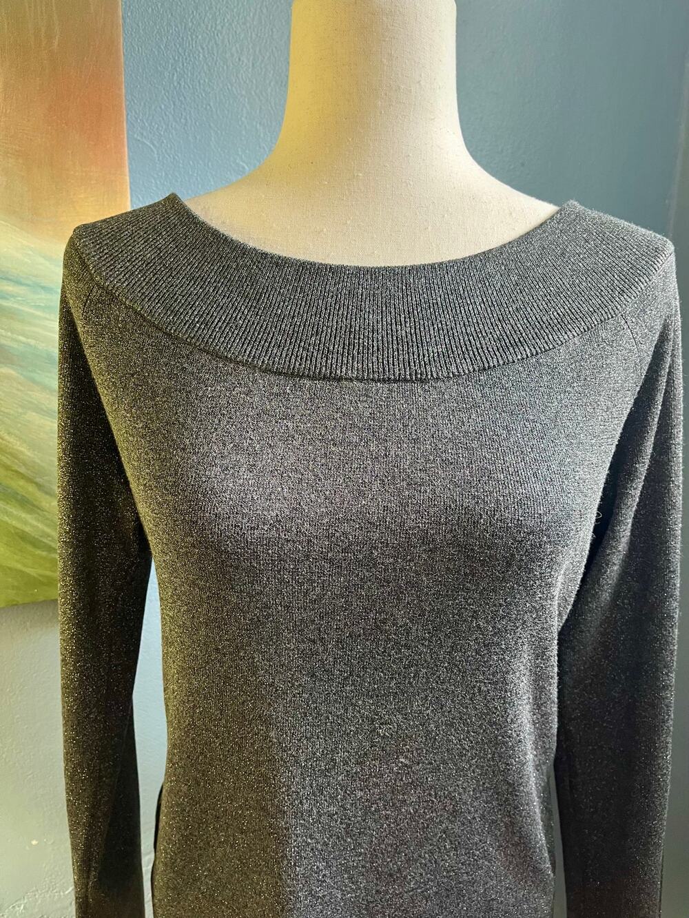 NWT White House Black Market, Charcoal sweater with silver threading, Size L
